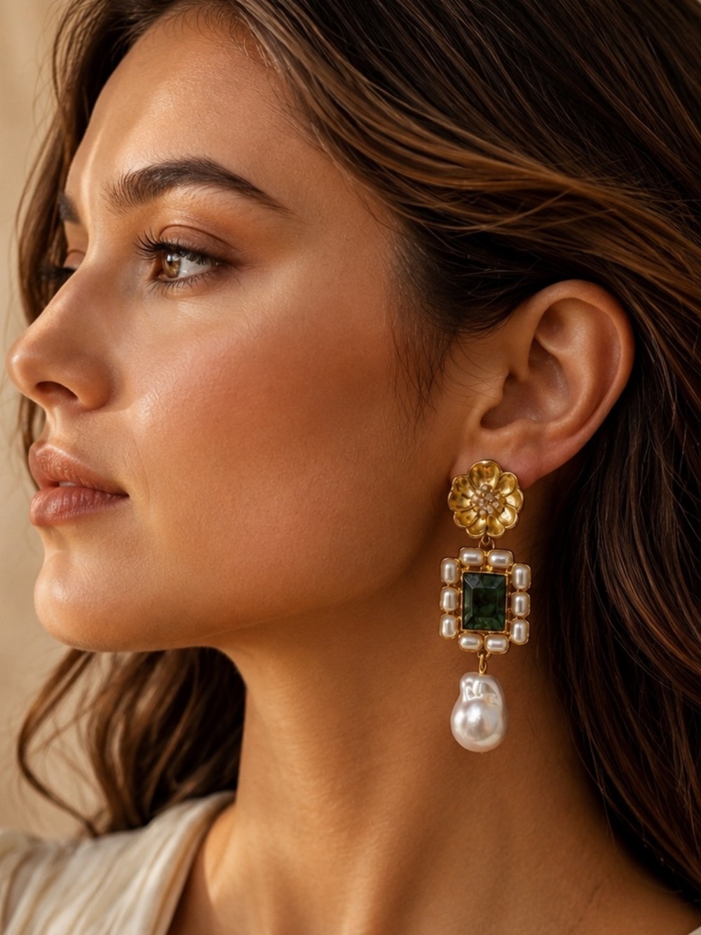 Gold, Green & Pearl Statement Drop Earrings - Women Jewelry